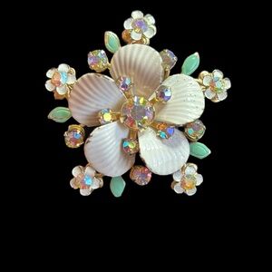 Beautiful Gold with White and Green Enamel Floral Brooch with Intricate Design
